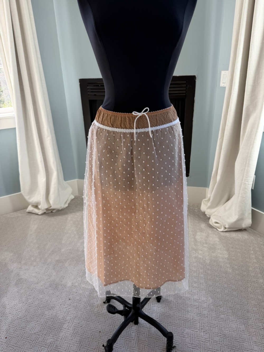 For Love And Lemons Tan Midi Skirt with White Polka Dot Tulle Overlay